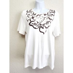 Allison Daley White Black Floral Bodice Rhinestone Top Medium Lightweight Soft